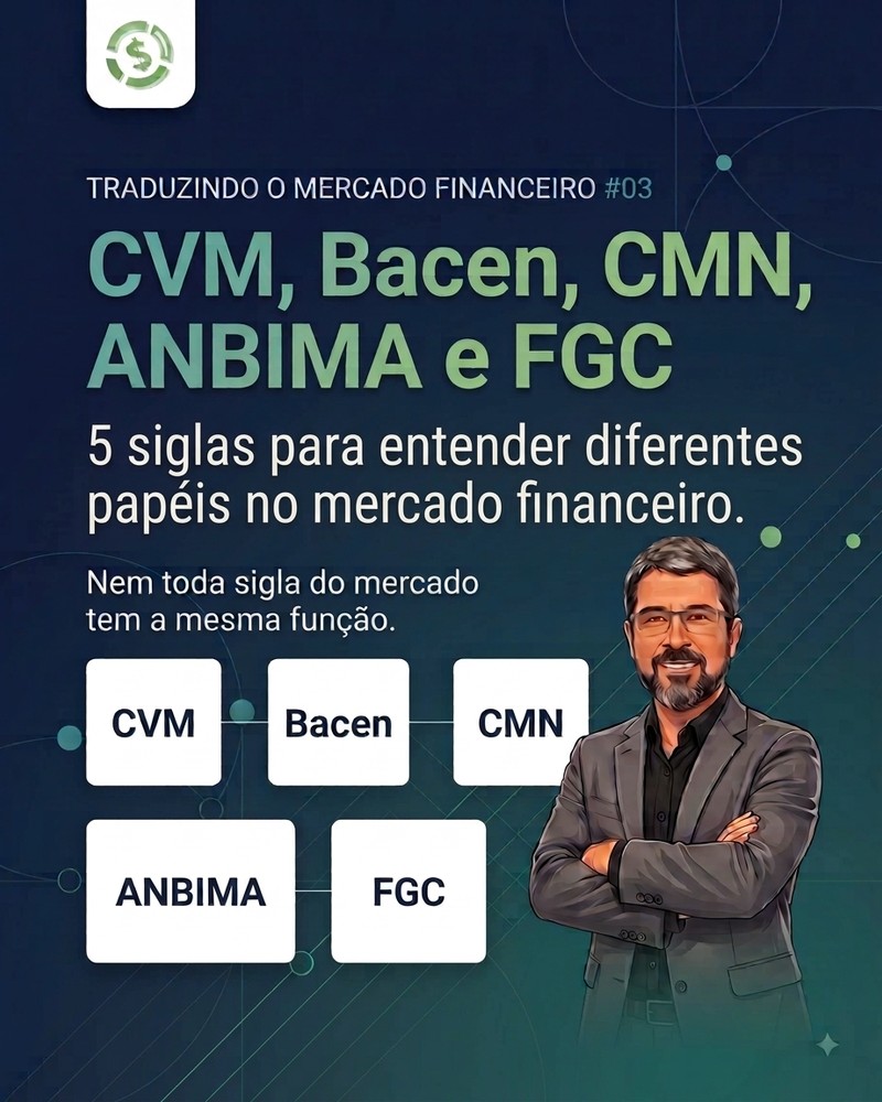 Post sobre CVM, Bacen, CMN, ANBIMA e FGC e seus diferentes papéis no mercado financeiro